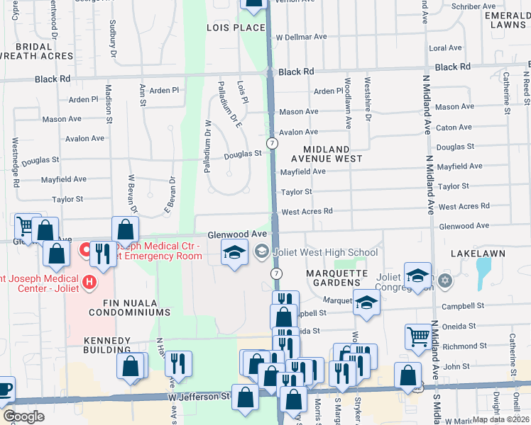 map of restaurants, bars, coffee shops, grocery stores, and more near in Joliet