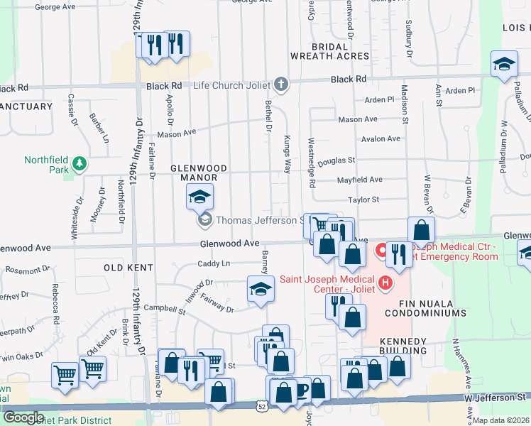 map of restaurants, bars, coffee shops, grocery stores, and more near 2456 Walsh Way in Joliet