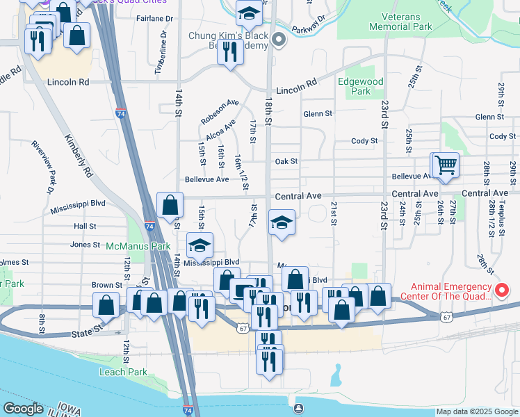 map of restaurants, bars, coffee shops, grocery stores, and more near 904 17th Street in Bettendorf