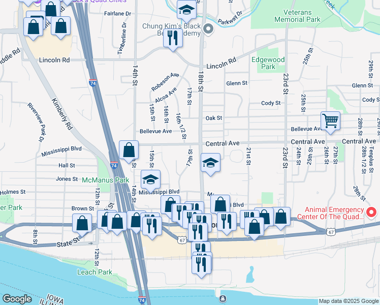 map of restaurants, bars, coffee shops, grocery stores, and more near 904 17th Street in Bettendorf