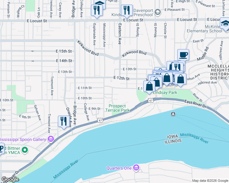 map of restaurants, bars, coffee shops, grocery stores, and more near 1616 Summit Lane in Davenport