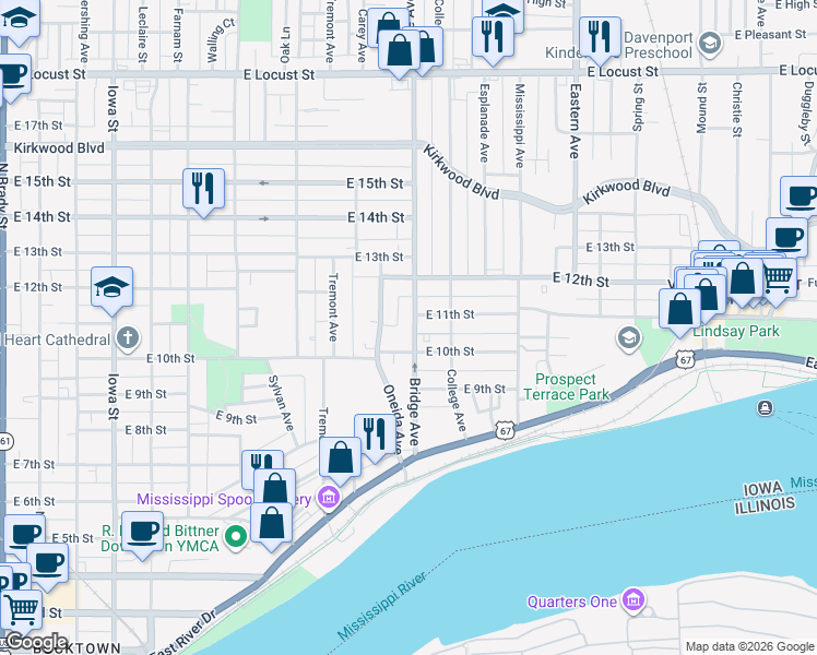 map of restaurants, bars, coffee shops, grocery stores, and more near 1012 Bridge Avenue in Davenport