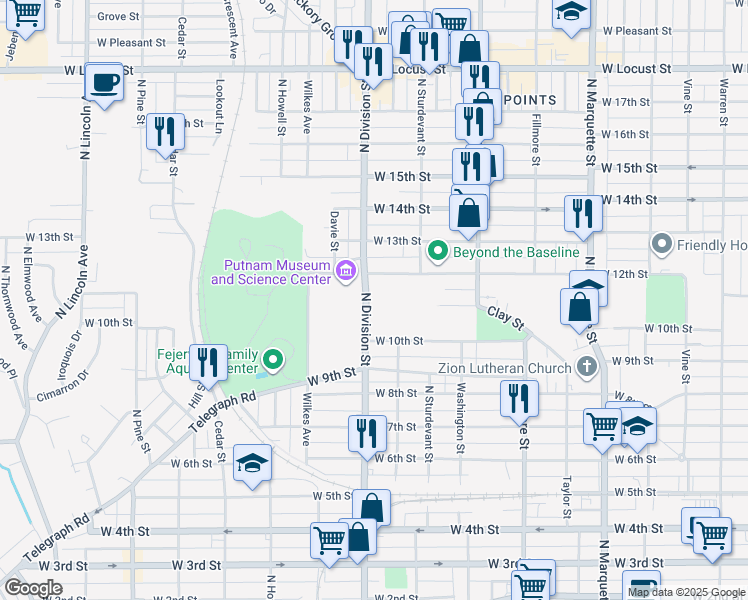 map of restaurants, bars, coffee shops, grocery stores, and more near 1645 West 12th Street in Davenport