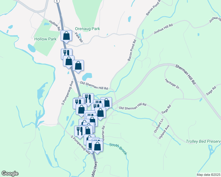 map of restaurants, bars, coffee shops, grocery stores, and more near Old Sherman Hill Road & Bacon Pond Road in Woodbury