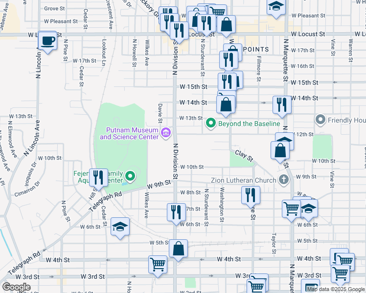 map of restaurants, bars, coffee shops, grocery stores, and more near 1645 West 12th Street in Davenport