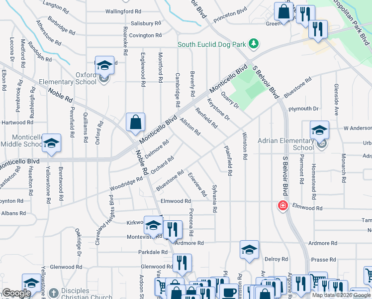 map of restaurants, bars, coffee shops, grocery stores, and more near 1106 Hillstone Road in Cleveland Heights