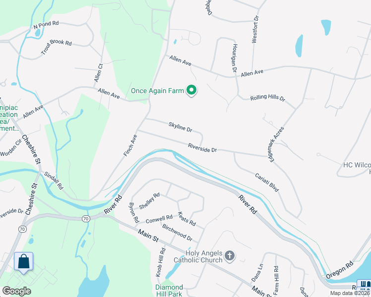 map of restaurants, bars, coffee shops, grocery stores, and more near 105 Riverside Drive in Meriden
