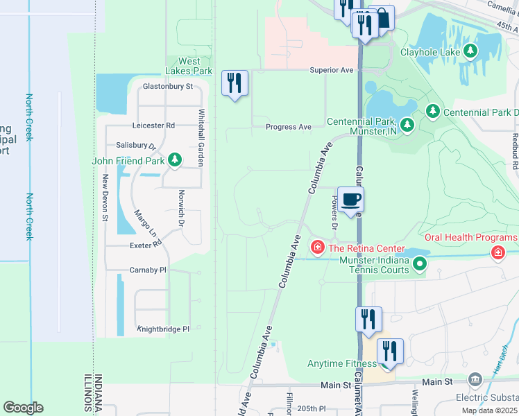 map of restaurants, bars, coffee shops, grocery stores, and more near McClaughry Drive in Munster
