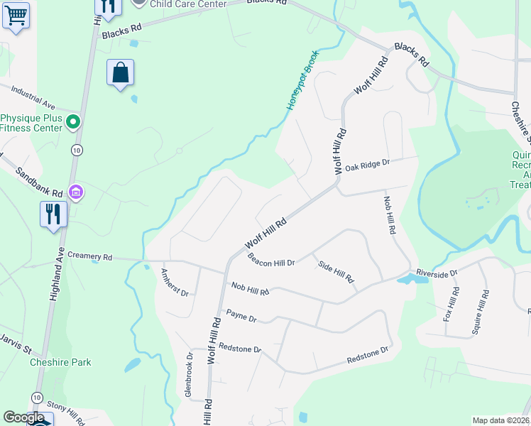 map of restaurants, bars, coffee shops, grocery stores, and more near 40 Wolf Hill Court in Cheshire