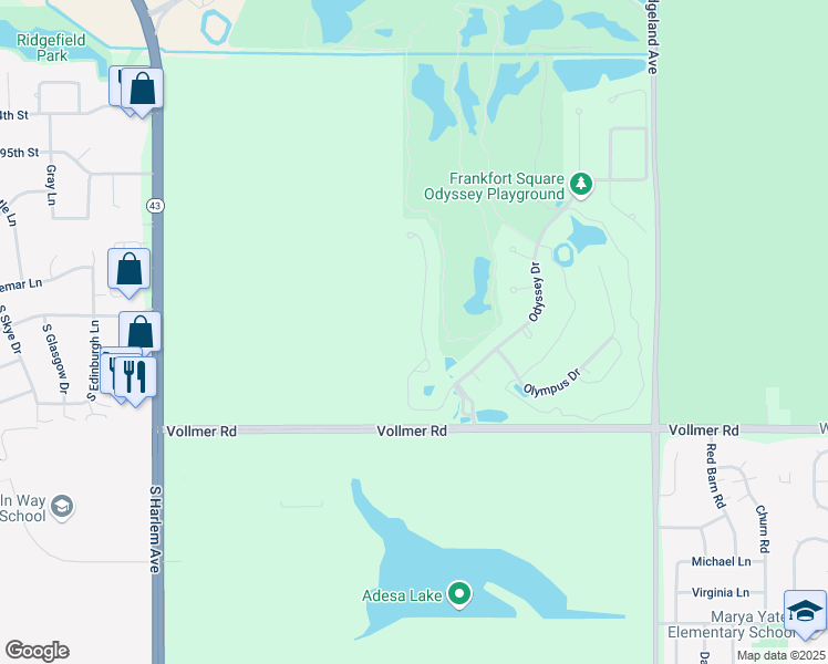 map of restaurants, bars, coffee shops, grocery stores, and more near 72 Iliad Drive in Tinley Park