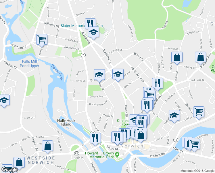 map of restaurants, bars, coffee shops, grocery stores, and more near 16 Slater Avenue in Norwich