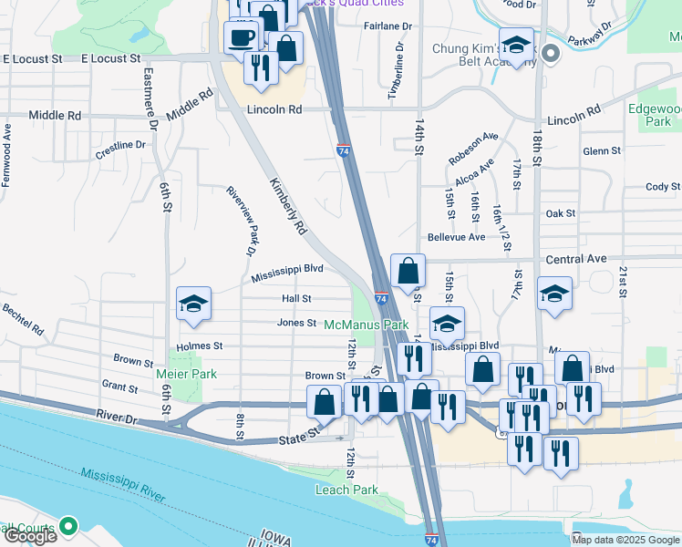 map of restaurants, bars, coffee shops, grocery stores, and more near 1004-1168 Mississippi Boulevard in Bettendorf