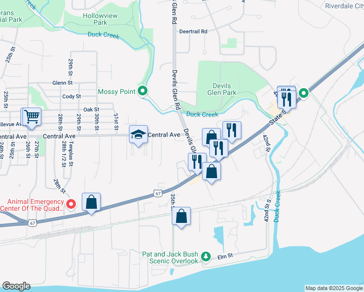 map of restaurants, bars, coffee shops, grocery stores, and more near 926 Devils Glen Road in Bettendorf