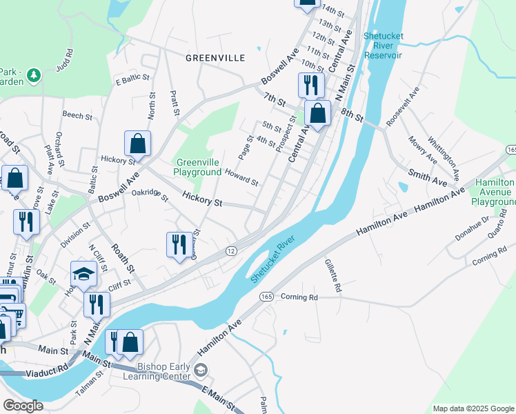 map of restaurants, bars, coffee shops, grocery stores, and more near 115 Central Avenue in Norwich