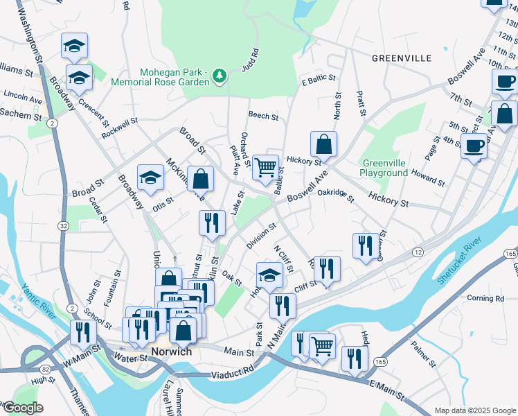 map of restaurants, bars, coffee shops, grocery stores, and more near 88 Boswell Avenue in Norwich