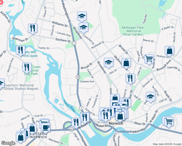 map of restaurants, bars, coffee shops, grocery stores, and more near 6 Peggy Lane in Norwich