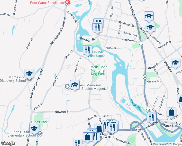 map of restaurants, bars, coffee shops, grocery stores, and more near 258 Asylum Street in Norwich