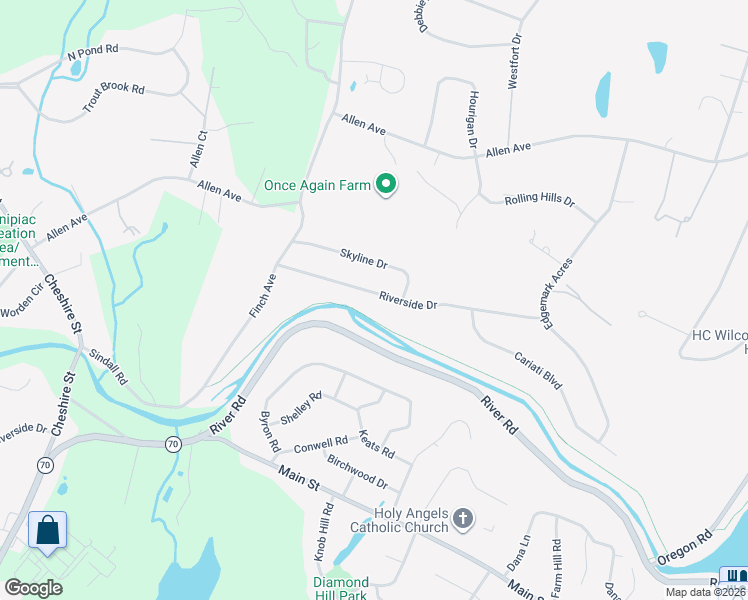 map of restaurants, bars, coffee shops, grocery stores, and more near 105 Riverside Drive in Meriden