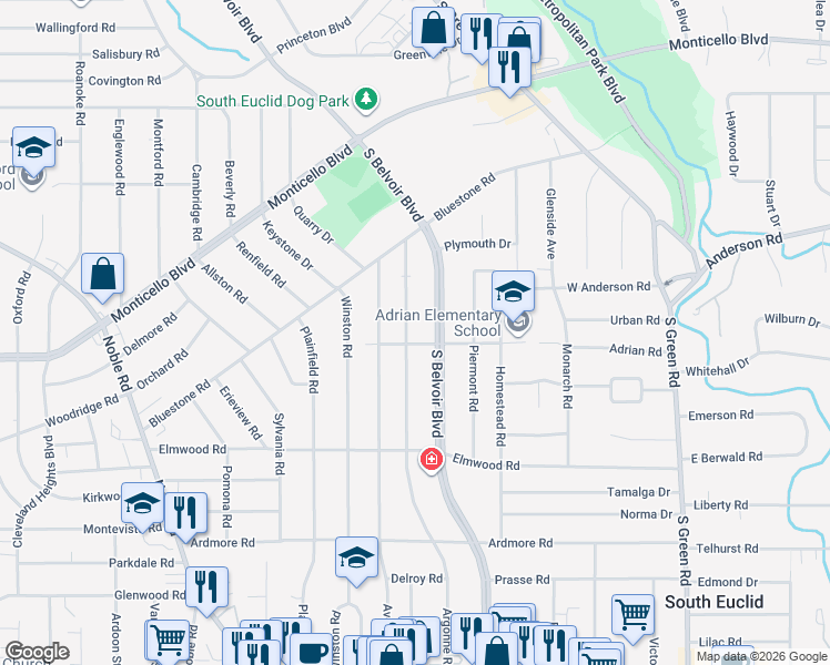 map of restaurants, bars, coffee shops, grocery stores, and more near 1090 South Belvoir Boulevard in South Euclid