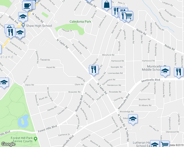 map of restaurants, bars, coffee shops, grocery stores, and more near 3739 Northvale Boulevard in Cleveland Heights