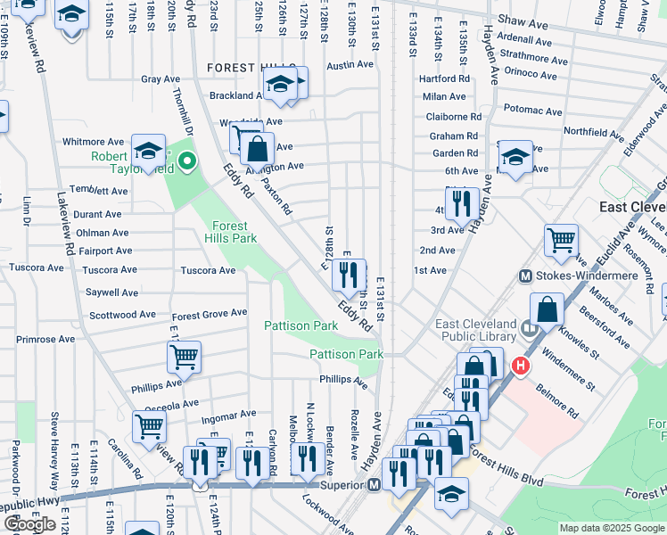 map of restaurants, bars, coffee shops, grocery stores, and more near 1107 Eddy Road in Cleveland