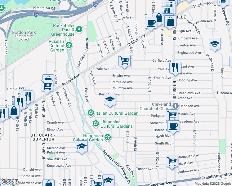 map of restaurants, bars, coffee shops, grocery stores, and more near 9114 Kempton Avenue in Cleveland