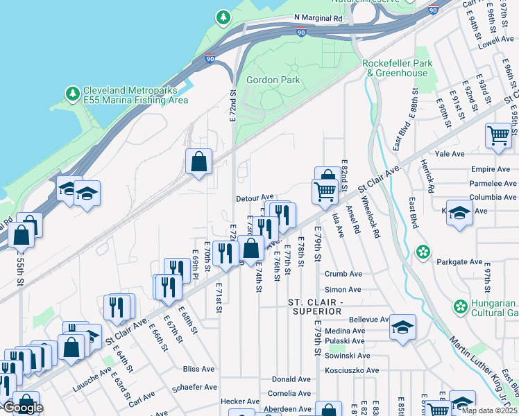 map of restaurants, bars, coffee shops, grocery stores, and more near 885 East 73rd Street in Cleveland