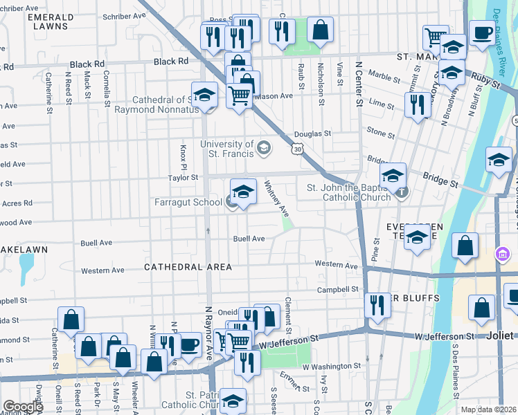 map of restaurants, bars, coffee shops, grocery stores, and more near 662 Glenwood Avenue in Joliet