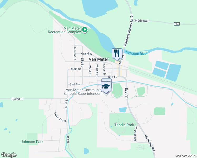 map of restaurants, bars, coffee shops, grocery stores, and more near 213 Wilson Street in Van Meter