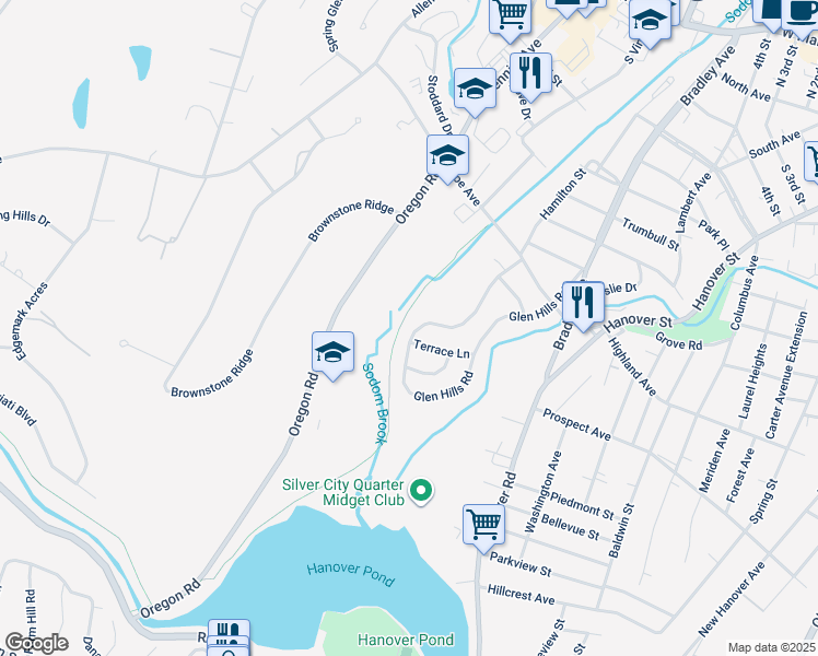 map of restaurants, bars, coffee shops, grocery stores, and more near 262 Glen Hills Road in Meriden