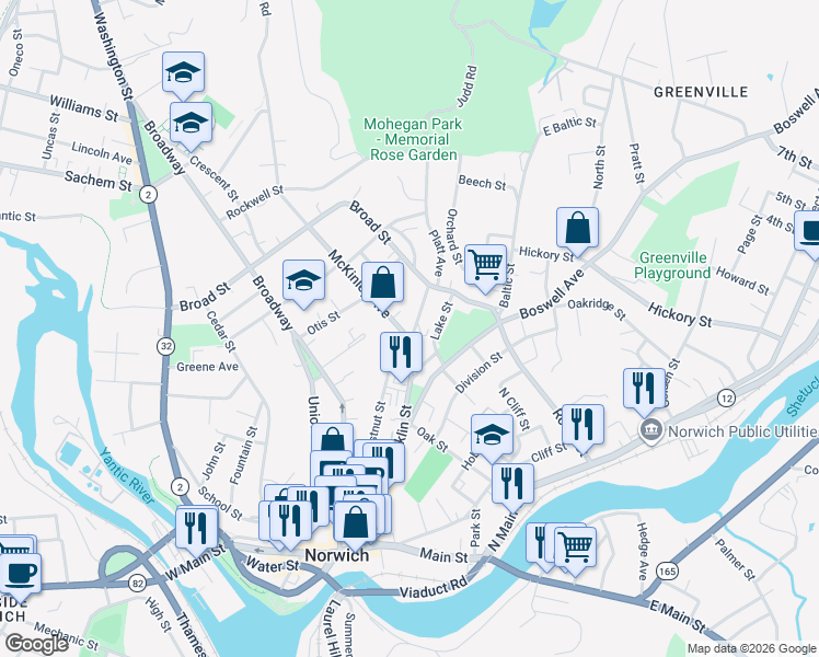 map of restaurants, bars, coffee shops, grocery stores, and more near 140 Chestnut Street in Norwich
