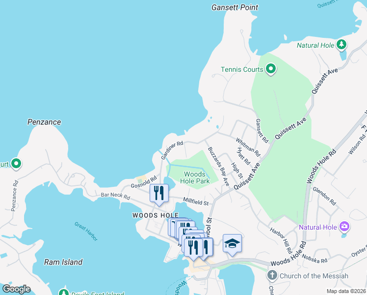map of restaurants, bars, coffee shops, grocery stores, and more near 15 Park Road in Falmouth
