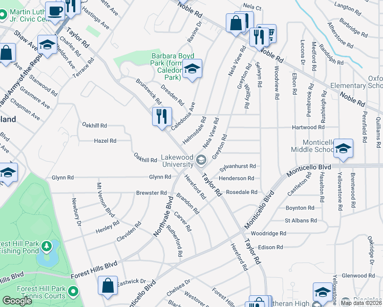 map of restaurants, bars, coffee shops, grocery stores, and more near 3739 Northvale Boulevard in Cleveland Heights