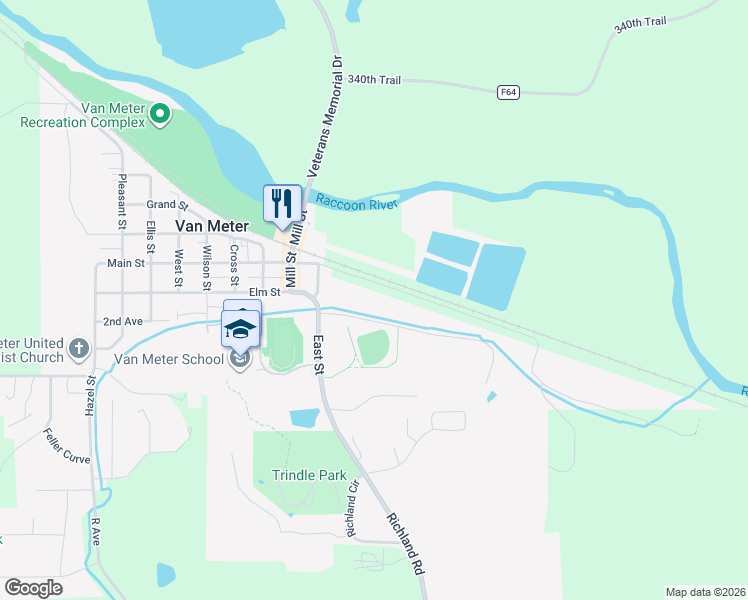 map of restaurants, bars, coffee shops, grocery stores, and more near 3512 Richland Road in Van Meter