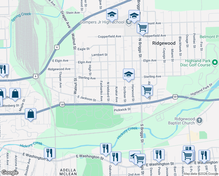 map of restaurants, bars, coffee shops, grocery stores, and more near 1400 Brown Avenue in Joliet