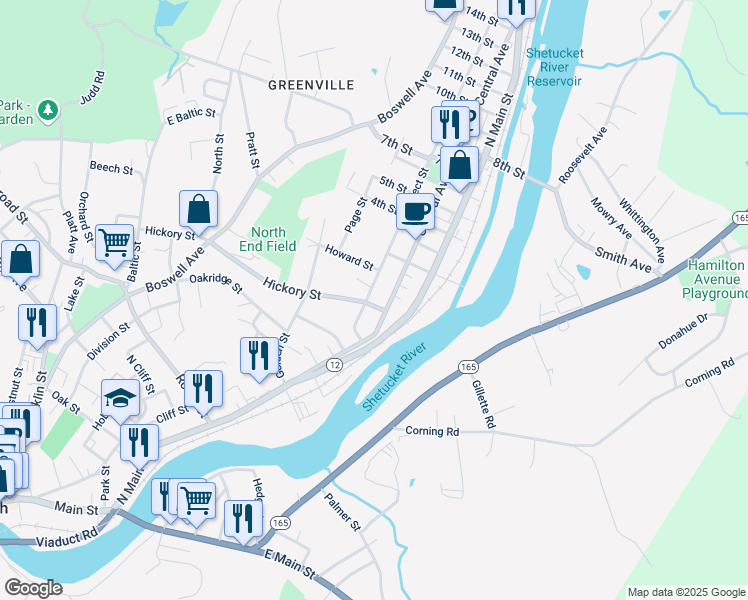 map of restaurants, bars, coffee shops, grocery stores, and more near 115 Central Avenue in Norwich
