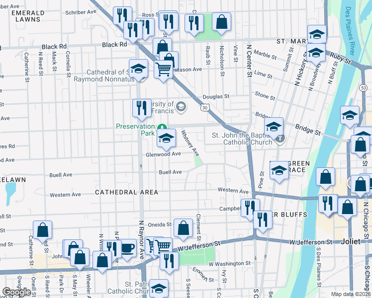 map of restaurants, bars, coffee shops, grocery stores, and more near 357 Whitney Avenue in Joliet
