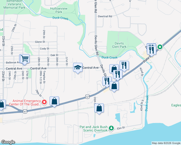 map of restaurants, bars, coffee shops, grocery stores, and more near 921 Pius Lane in Bettendorf
