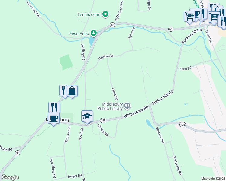 map of restaurants, bars, coffee shops, grocery stores, and more near 99 Crest Road in Middlebury