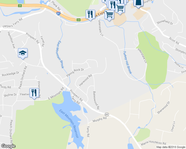 map of restaurants, bars, coffee shops, grocery stores, and more near 199 Harwood Rd in Waterbury