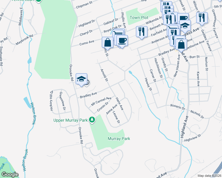map of restaurants, bars, coffee shops, grocery stores, and more near 10 Hans Avenue in Waterbury