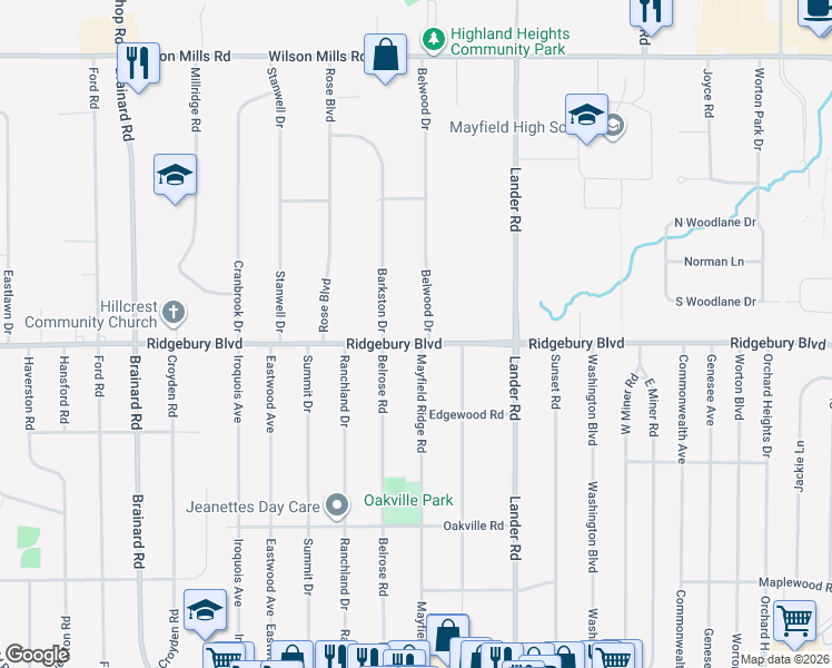 map of restaurants, bars, coffee shops, grocery stores, and more near 1105 Mayfield Ridge Road in Mayfield Heights