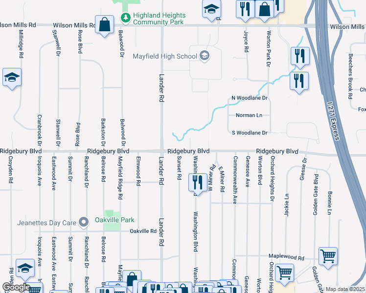 map of restaurants, bars, coffee shops, grocery stores, and more near 6034 Ridgebury Boulevard in Cleveland