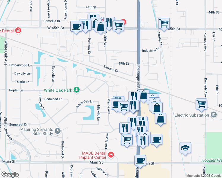 map of restaurants, bars, coffee shops, grocery stores, and more near 2217 Teakwood Circle in Highland