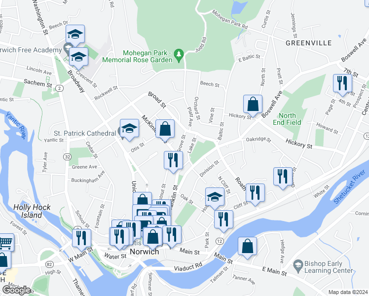 map of restaurants, bars, coffee shops, grocery stores, and more near 23 Lake Street in Norwich