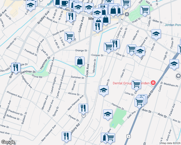 map of restaurants, bars, coffee shops, grocery stores, and more near in Meriden