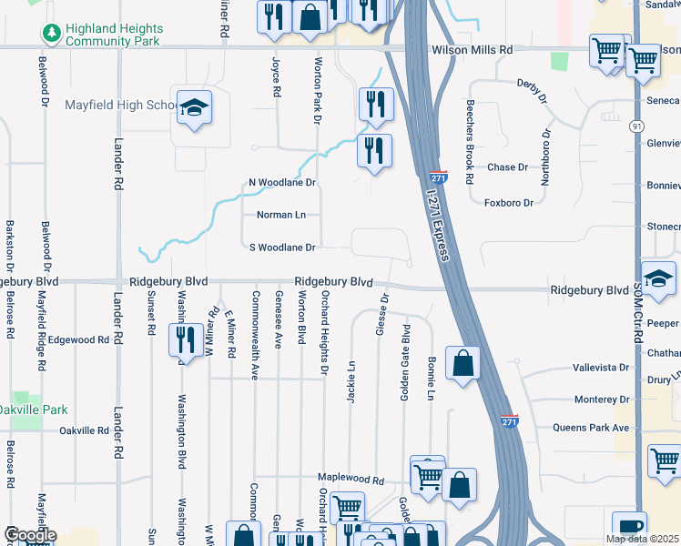 map of restaurants, bars, coffee shops, grocery stores, and more near 6280 Ridgebury Boulevard in Mayfield Heights