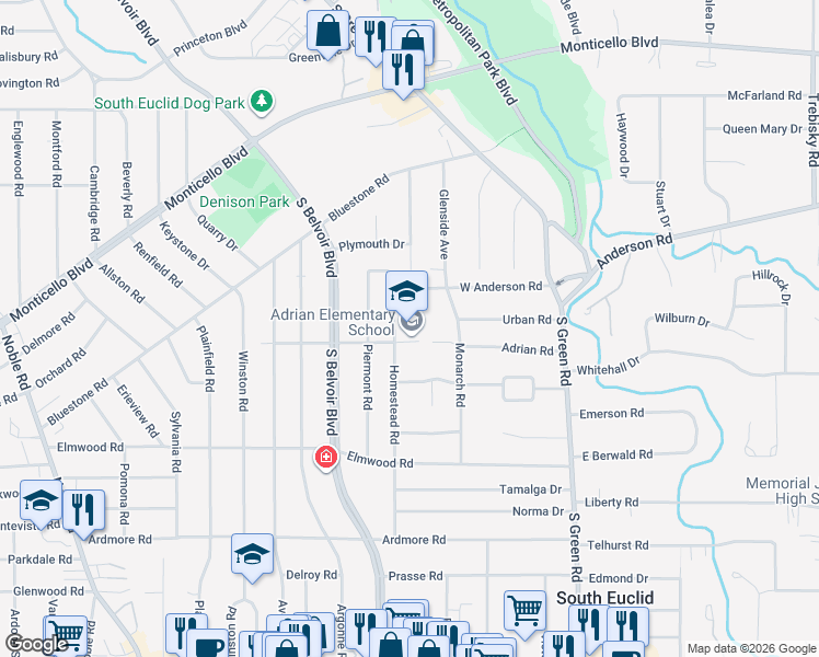 map of restaurants, bars, coffee shops, grocery stores, and more near 1089 Homestead Road in South Euclid