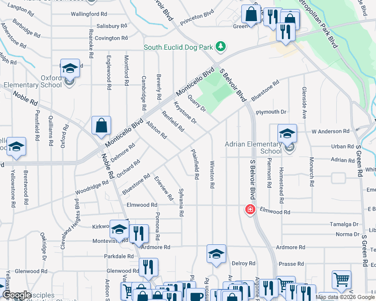 map of restaurants, bars, coffee shops, grocery stores, and more near 1083 Plainfield Road in South Euclid