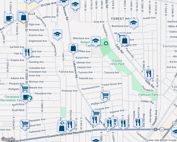 map of restaurants, bars, coffee shops, grocery stores, and more near 11514 Tuscora Avenue in Cleveland